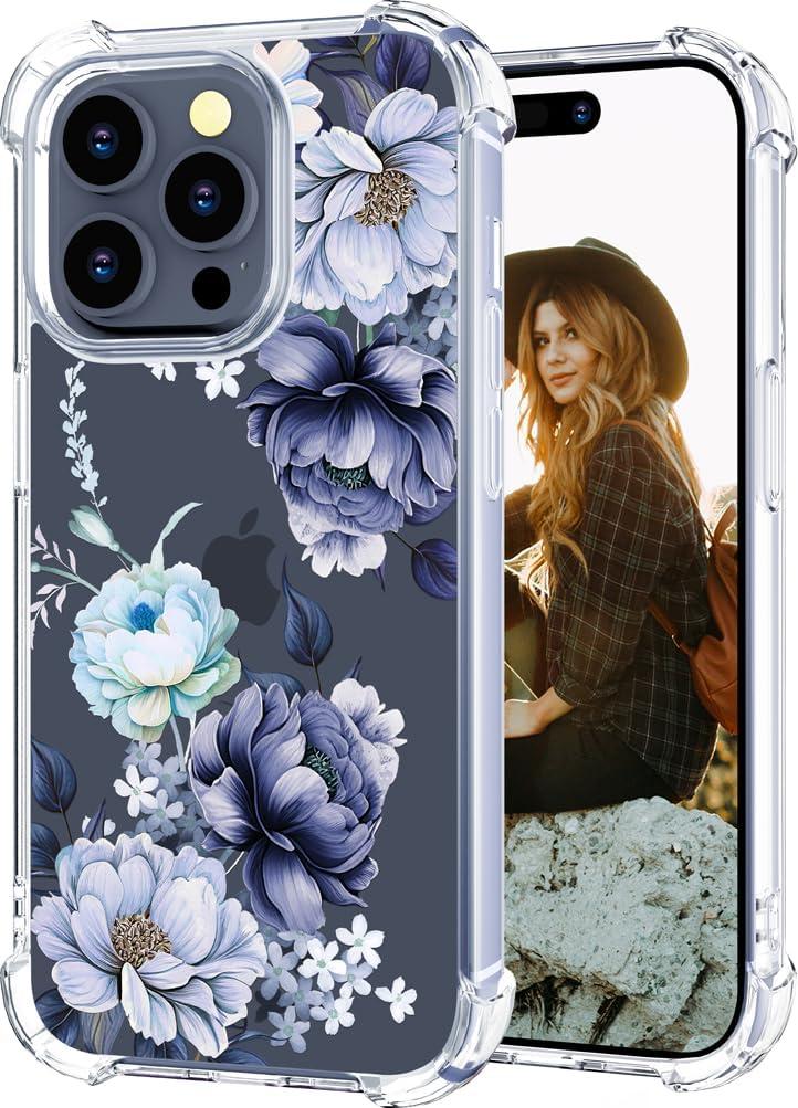 Hungo Compatible for iPhone 15 Pro Max Case for Women Floral Flower Clear Design Cute,Girly Girls Flower Promax Rose Blue