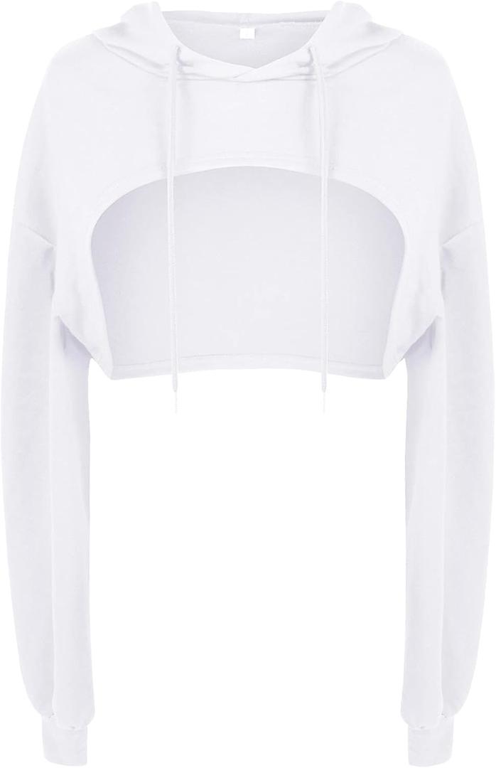 BEJONS Women Long Sleeve Cropped Super Crop Top Hoodies Sweatshirt Aesthetic Punk Hip Hop Dance Sexy Rave Cloth (Medium-Large, White)