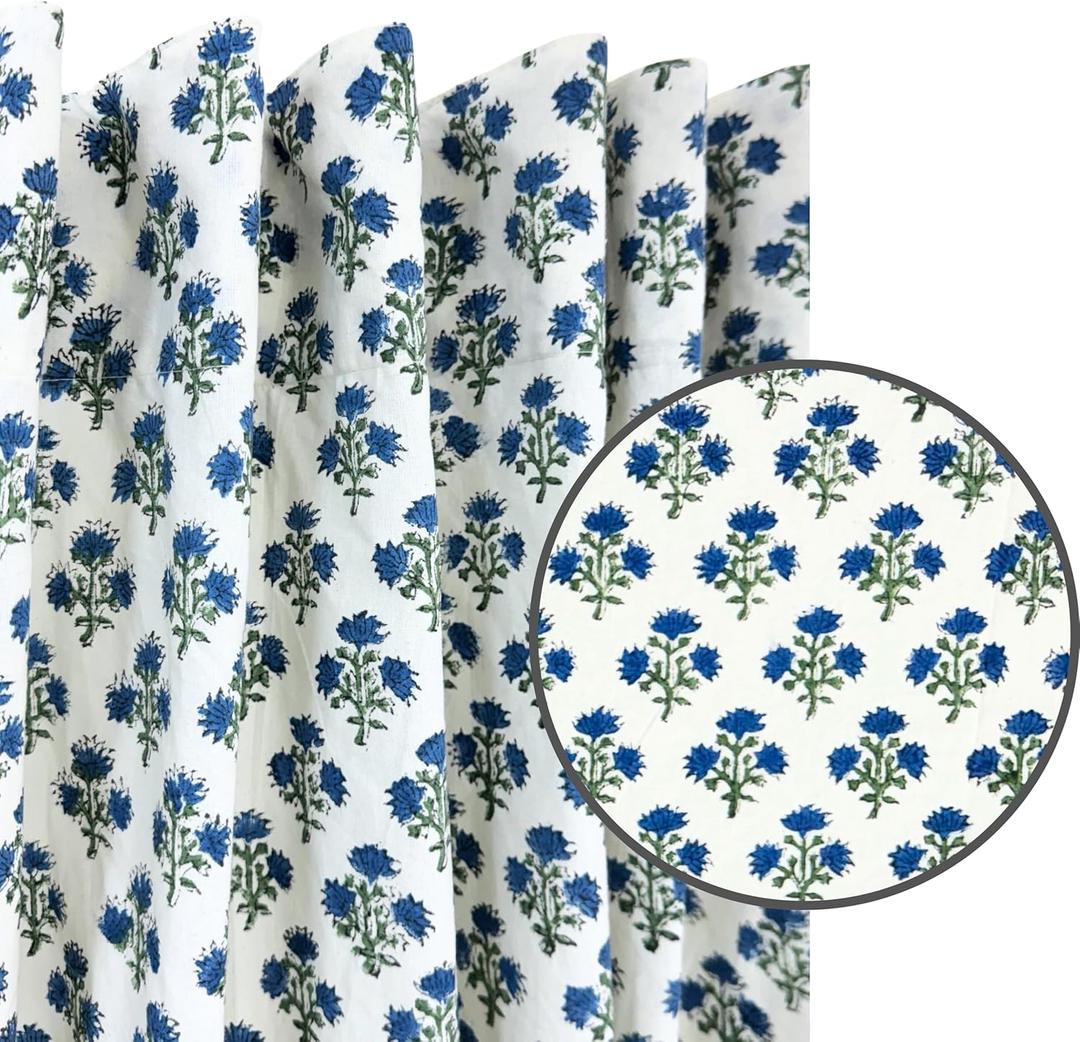 ATOSII 100% Cotton Single Panel Floral Block Print Curtain, Easy Hanging with Rod Pocket & Loop, Living Room, Dining Room, Bedroom Light Filtering Boho Curtains, Set of 1, 60"W X 84"L, Gulbahar Blue