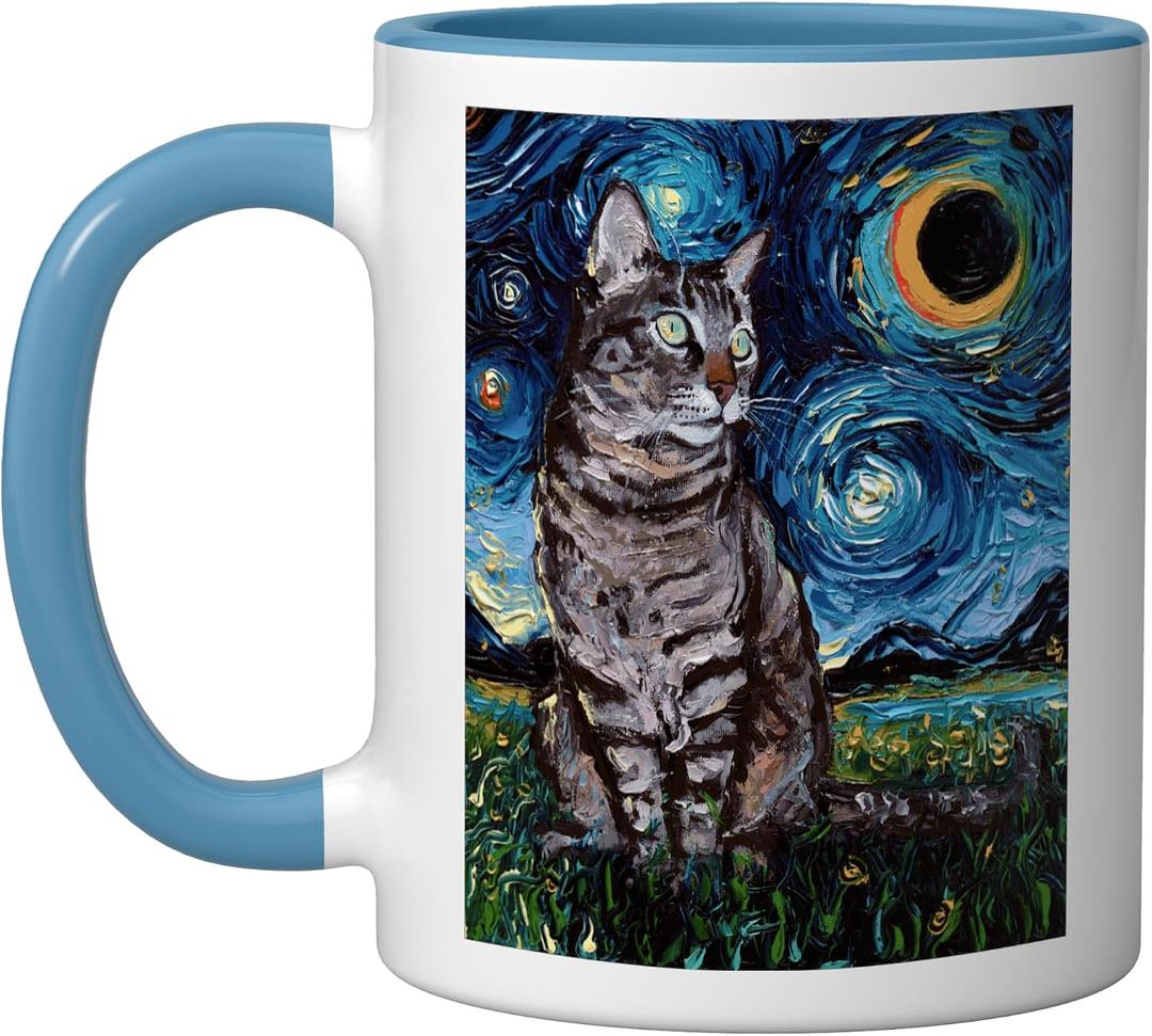 Gray Tabby Tiger Cat Starry Night Moon and Stars Artwork Ceramic Mug, Blue/White