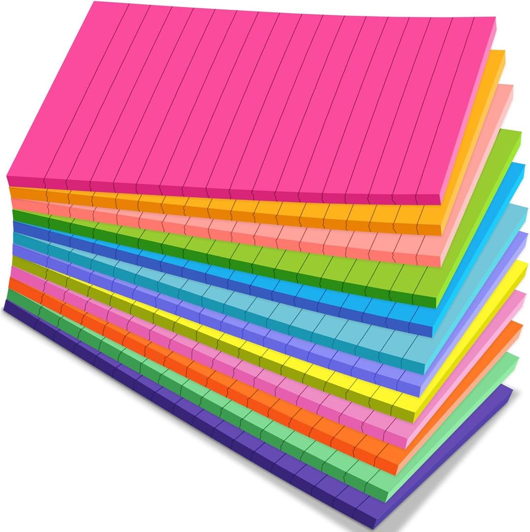 (12 Pack) Lined Sticky Notes 4x6 Inch, 12 Bright Colors - Sticky Note with Lines, Strong Adhesive & No Residue - Large Sticky Notes Thick Paper, for Office School Home Organization 30 Sheets/Pad