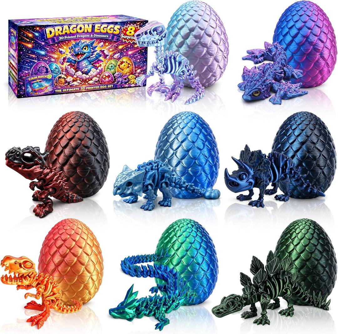 3D Printed Dragon Easter Egg Fillers, 8 Pack 3D Dragon Egg with Dragon Inside, Prefilled Animals Toys Easter Basket Stuffers School Classroom Prizes Party Favors for Kids Boys Girls Teens
