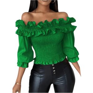 Floerns Women's Ruffle Trim Off Shoulder Flounce Sleeve Shirred Blouse Top (Large, Green)