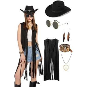 5 PC Cowgirl Western Outfits for Women Girl Hat for Women Country 70s Hippie Outits