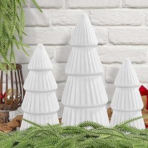 JOICEE 3 Pcs Velvet Ceramic Christmas Trees, Xmas White Modern Velvet Cone Tabletop Trees for Christmas Decorations Indoor Table Mantel Entryway Centerpieces Home Room Decor