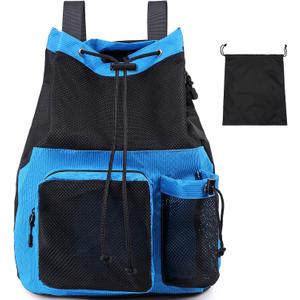 Lohol Large Mesh Drawstring Backpack with Shoe Bag, Durable Swimming String Sack with Handle for Sports Gym Yoga Beach Travel (Blue)