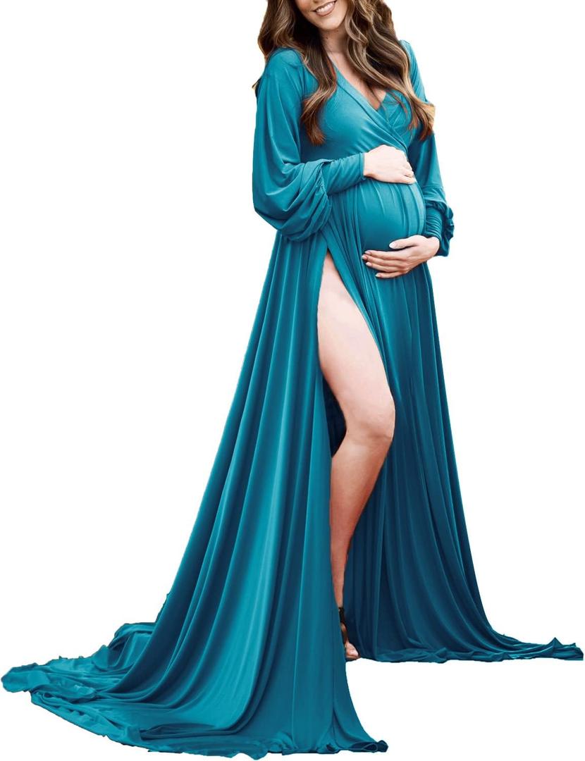 Maternity Dress for Photoshoot Baby Shower Long Sleeve Sweetheart Maxi Gown Flowy Slit Pregnancy Photography (Medium, 114 Spruce Blue)