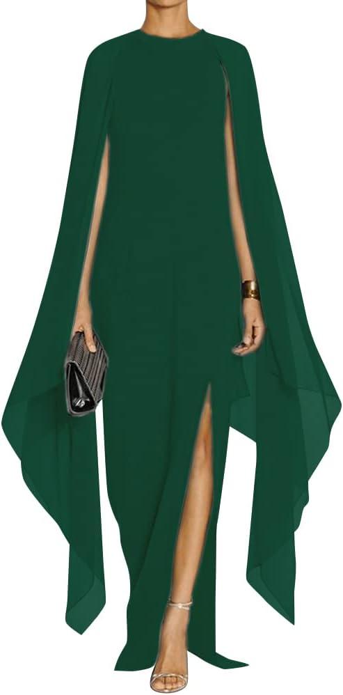 MAYFASEY Women's Elegant High Split Flare Sleeve Formal Evening Gowns Maxi Dress with Cape (Dark Green)