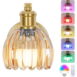 VerRon Rechargeable Battery Operated Wall Sconce with Amber Glass Lampshade, Wireless Wall Scone Decor with Remote Control, 15 Colors Gold Wall Light for Bedside Hallway Bedroom Doorway