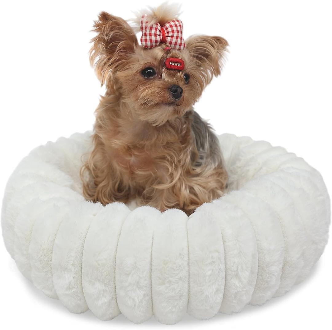 Tiny Dog Bed for Small Dogs and Cats  16 Inch Donut Washable Soft Comfort Indoor Extra Small Pet Bed,Calming Anti-Anxiety Non-Slip Fluffy Plush Faux Fur Round Puppy Beds Fits Up to 5 lbs Pets,Cream