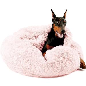 Himax 35in Covered Large Dog Bed with Blanket Attached Calming Burrow Pink