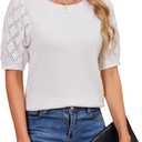 Spring Short Sleeve Sweaters for Women Puff Sleeve Lightweight Sweater Tops Dressy Casual (White, L)
