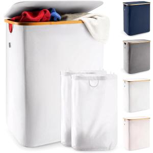 LONBET Laundry Basket with Lid, Made from Breathable Fabric | Aesthetic Clothes Hampers for Laundry with Side Handles & Sturdy Bamboo Frame (40 Gallons - Double, Light Gray)