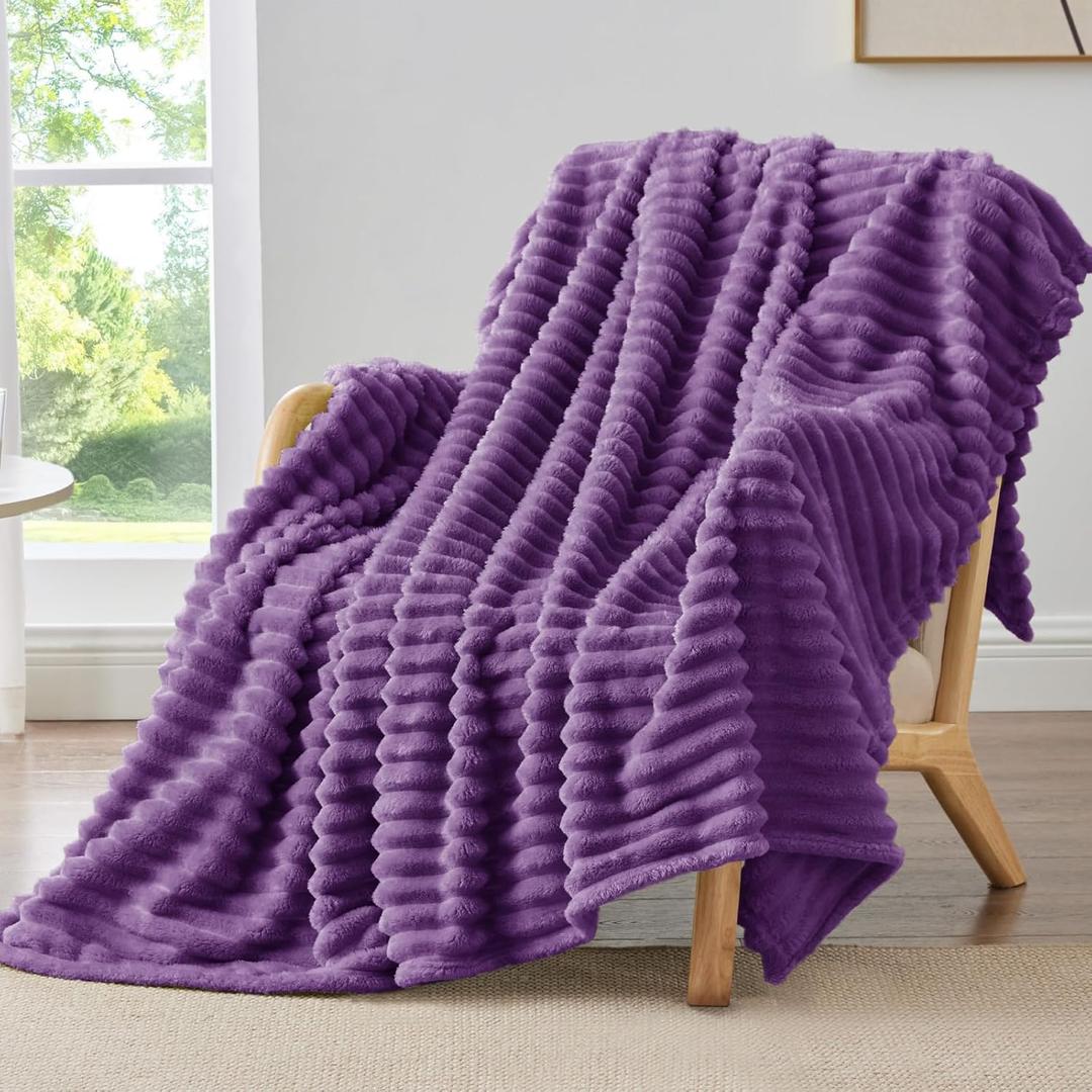 BEDELITE Fleece Throw Blanket for Couch - 300GSM Soft & Warm Fluffy Purple Blanket, Decorative and Giftable Striped Blankets for Women, Men, 50"x60"