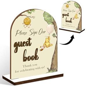 Classic Winnie 3D Thank You Sign with Stand, Wooden Guestbook Sign for Baby Shower Party, the Pooh Wedding Guest Book Sign for Ceremony and Reception, Please Sign Our Guest Book Sign
