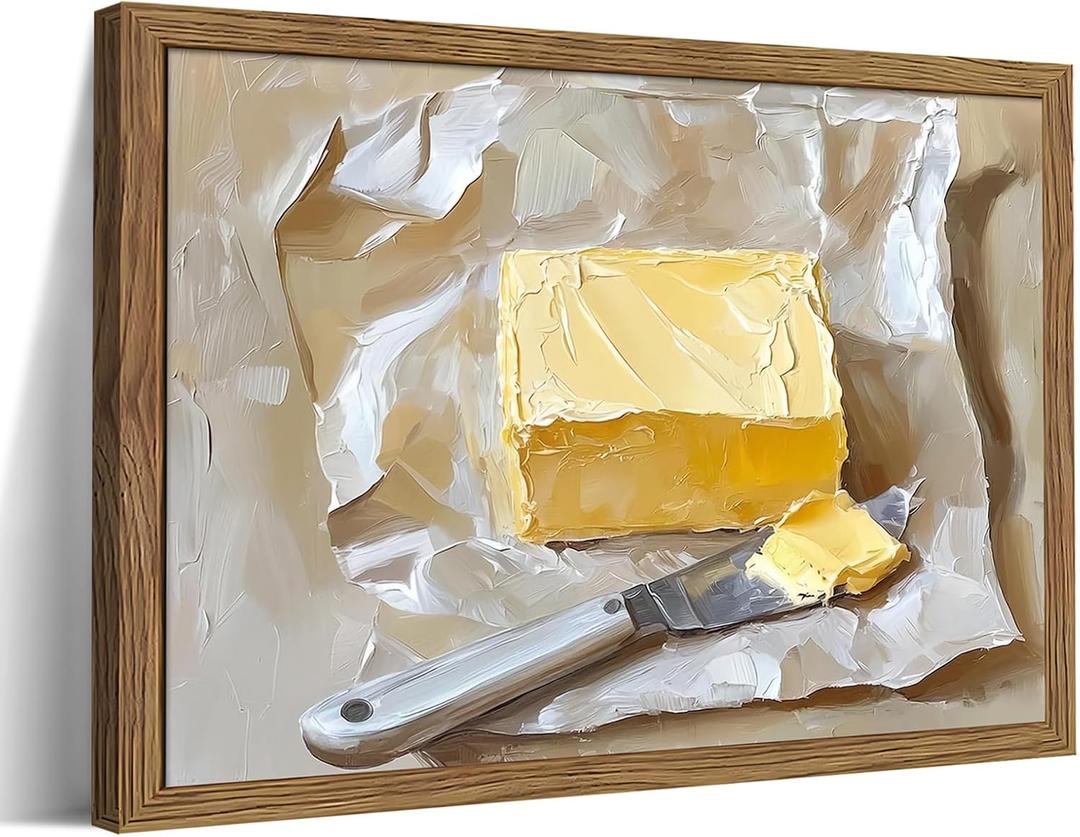 Framed Kitchen Wall Art, Vintage Butter Food Canvas Wall Decor Painting, Rustic Farmhouse Still Life Artwork Prints Pictures for Kitchen Dining Room Decorations 16x24 Inch