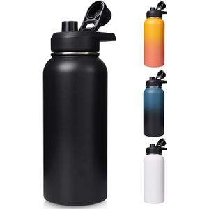 32 oz Insulated Water Bottle with Handle, 304 Stainless Steel Water Bottles with Wide Mouth, Double Wall Vacuum Sports Water Bottle, BPA Free, Keep Cold and Hot, Black