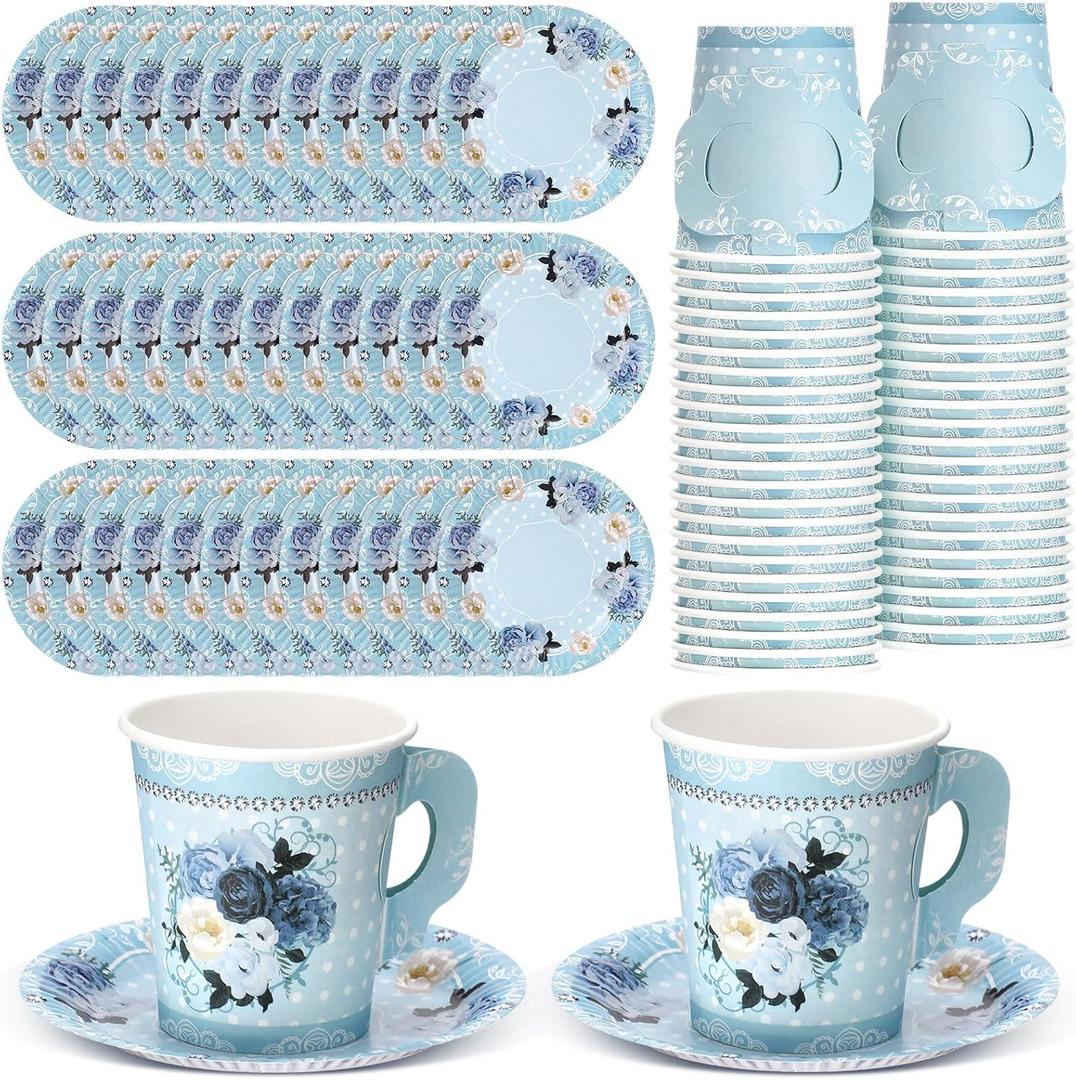 200 Pcs Floral Paper Tea Cups and Saucers 7 oz Disposable Tea Party Decorations Vintage Cute Paper Tea Cups and Plates with Handles for Girls Wedding Baby Bridal Shower Birthday, Serve 100(Blue)