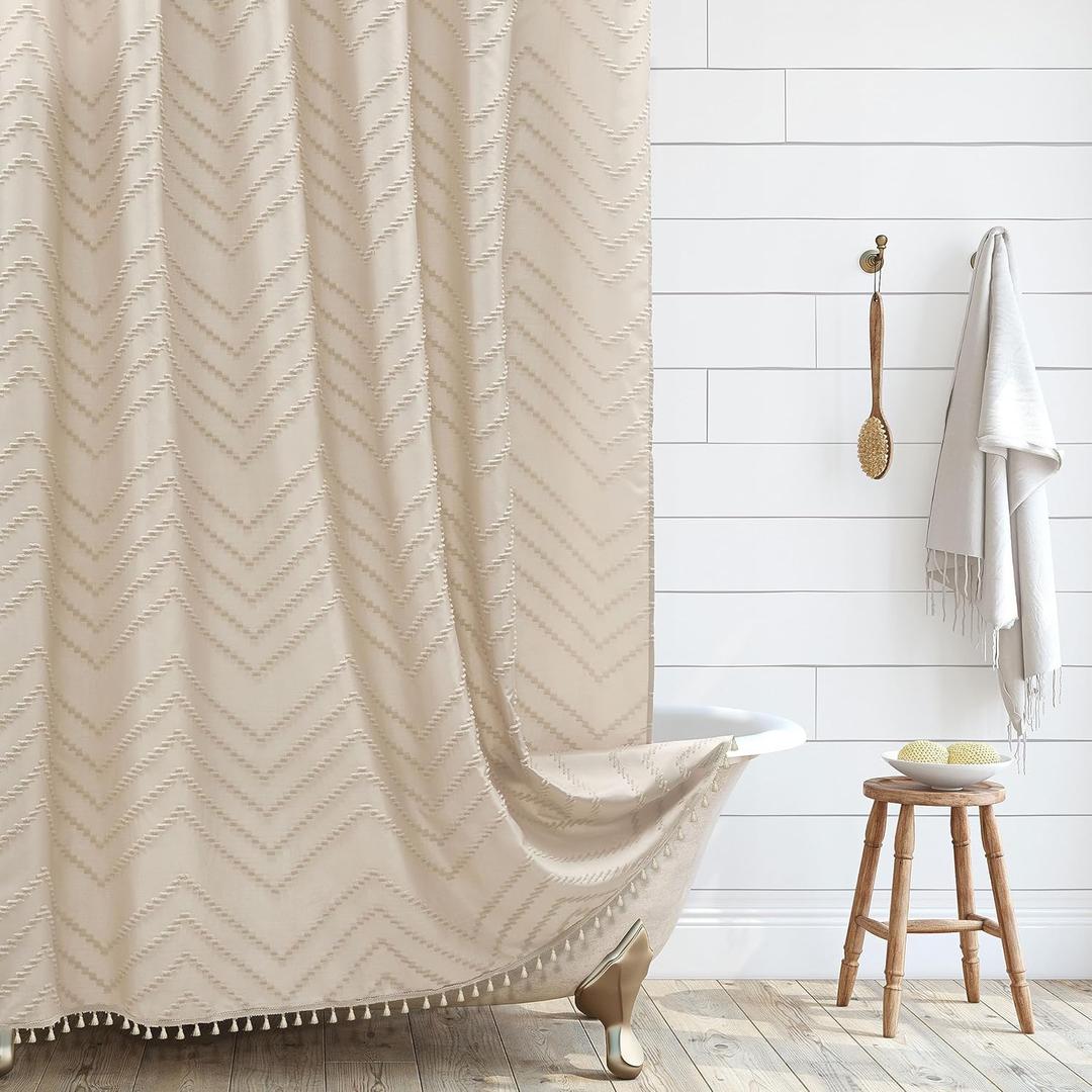 Boho Farmhouse Shower Curtain, Woven Fabric Cute Beige, 60 x 72 Tufted Chevron Textured Striped Modern Farmhouse Minimalist, A Beige, 60"W x 72"L (Pack of 1)