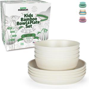 Grow Forward Bamboo Kids Plates and Bowls Sets - 8-Piece Dishwasher Safe Non Toxic Plates for Kids - Reusable Eco Friendly BPA Free Dishes Dinnerware Sets for Children - Arctic
