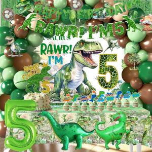 Dinosaur Boys 5th Birthday Dino Jurassic Party Supplies: Banner, Backdrop, Tablecloth, Cake Toppers, Balloons