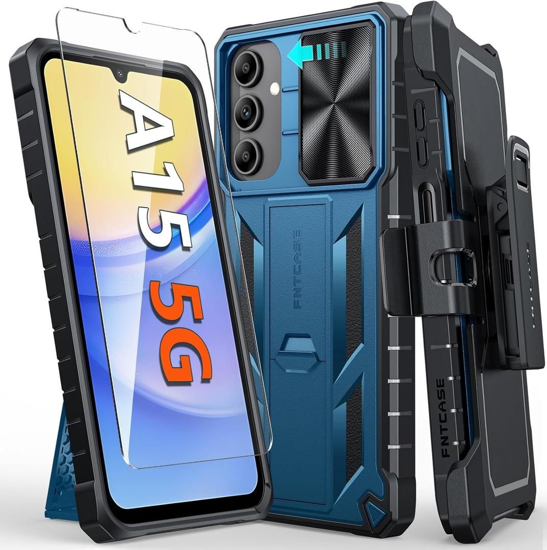FNTCASE for Samsung Galaxy A15-5G Case: Rugged Protective Phone Cases with Kickstand & Holster | Military Grade Shockproof Protection Sturdy Heavy Duty Drop Proof Hard Covers 6.5 inch Blue