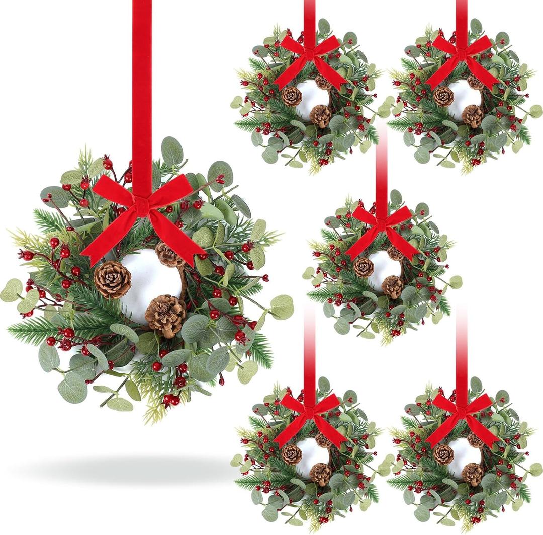 6 PCS Christmas Mini Cabinet Wreath for Kitchen with Ribbon Artificial Eucalyptus Cedar Hanging Garland with Red Berries Pine Cones for Swag Table Centerpiece Door Window Chair Wall Winter Decor