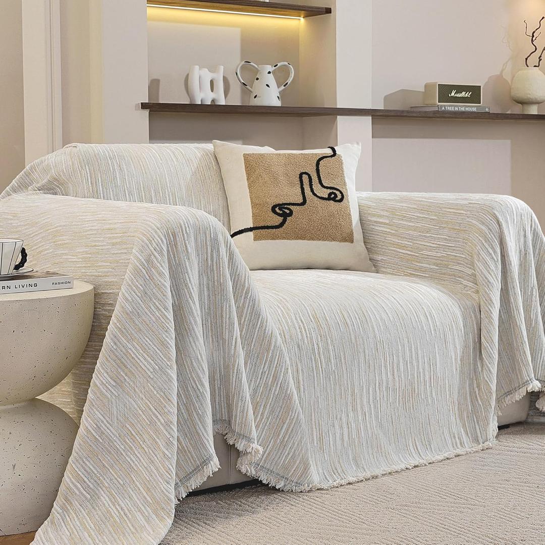 Washable Couch Covers for Sofa Soft White Boho Chenille Sofa Covers for Armchair Sectional L Shaped Pet-Friendly Couch Cover Blanket Crinkled Anti Scratch with Tassles 71" x 91"