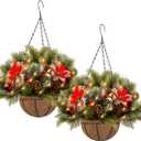 Riceshoot 2 Pcs Lighted Valentine's Hanging Baskets for Front Porch Artificial Valentines Hanging Basket Decorated with Pine Cones Berry and Lights for Outdoor Garden Patio Holiday Decoration