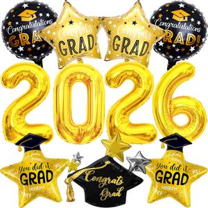 2 x 2026 Balloons Graduation Decorations, Gold 2026 Balloon Black Graduation Hat Balloon Grad Foil Balloons for 2026 Black and Gold Graduation PartyDecorations