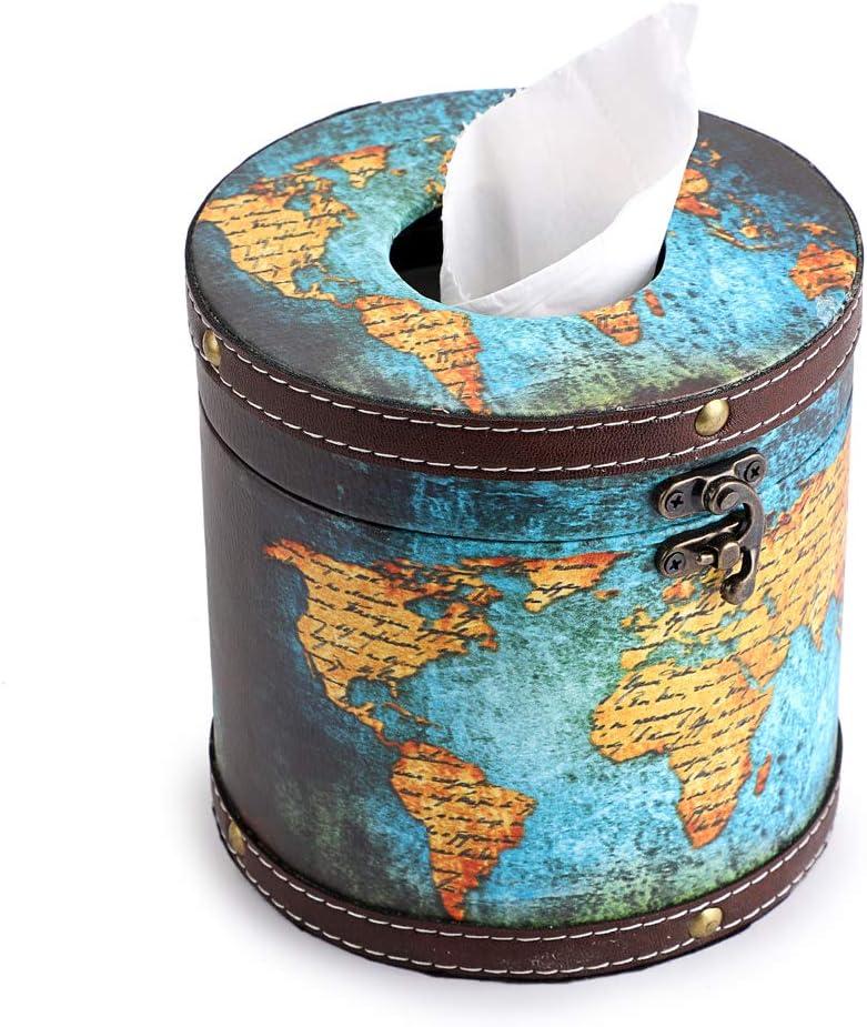 Sumnacon Round Tissue Box Cover Retro Wooden Tissue Holder with Lid, Round Wood Toilet Paper Cover Decorative Tissue Box Holder for Bathroom Toilet Living Room Table Desk Office, Green Map