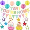 Welcome Home Party Decorations Banner - 19 Pcs Pre-Strung Colorful Banners Triangle Bunting Hanging Swirls Honeycomb Centerpiece Balls for Welcome Back Home Military Army Homecoming Sign Decor
