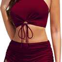 Women High Waisted Shorts Bikini Sets Tummy Control Swimsuit Two Piece Halter Drawstring Bathing Suit (Medium, Wine)