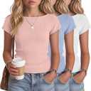 Oakgarden 3 Pack Girls Tops Short Cap Sleeve Boat Neck Kids Slim Fit Shirts Ribbed Teen Basic Casual Solid Trendy Tees Summer(Macaron Pink, Macaron Blue, White,7-8 Years)