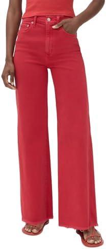 Allimy Women's Straight Leg Flare Jeans High Waisted Strechy Raw Hem Denim Pants 14 Red