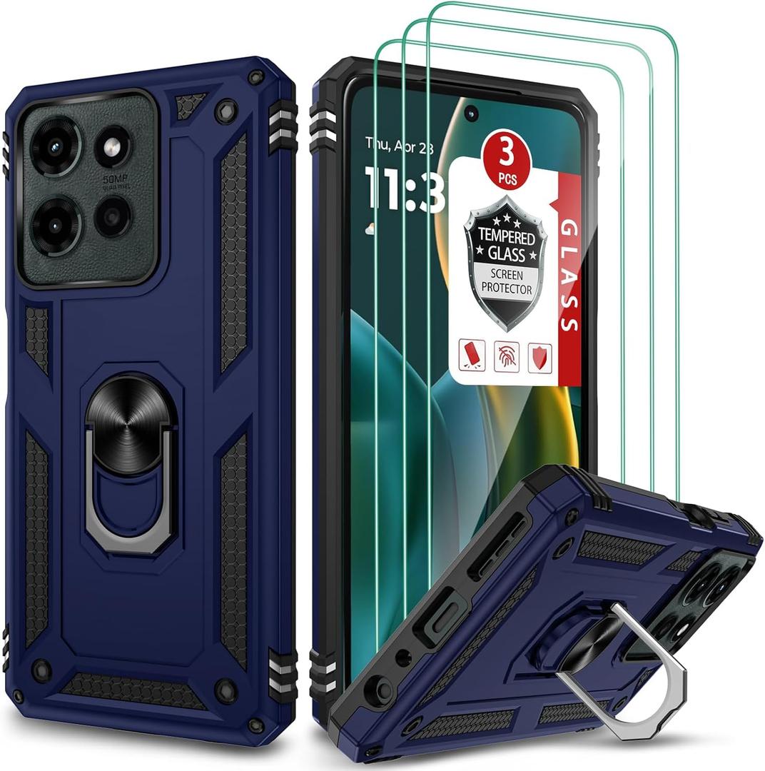 Case for Moto G Play 2025 for Moto G Power 2025, with 3X Tempered Glass Screen Protector, Built-in Ring Kickstand Dual Layer Shockproof Hard PC + Soft TPU Bumper Full Protective Case Cover - Blue