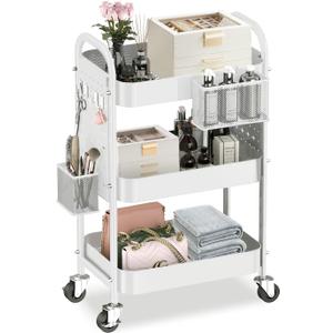 ALVOROG 3 Tier Rolling Cart with DIY Pegboards Metal Utility Cart with Wheels Handles Baskets Hooks, Storage Cart for Office Kitchen Bathroom(White)