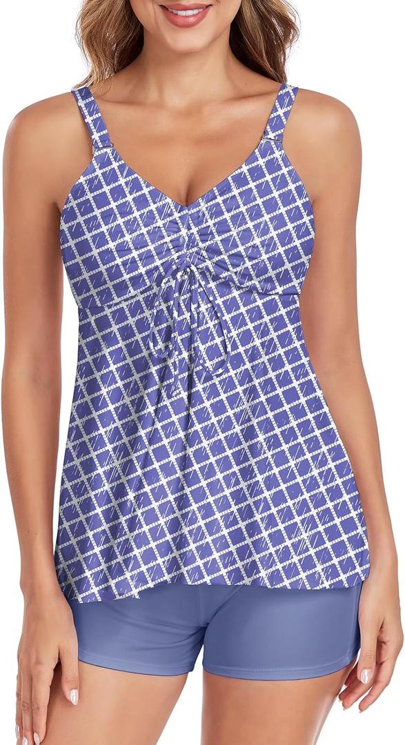 Tankini Swimsuits for Women Two Piece Bathing Suits Tummy Control Swimsuit Flowy Tank Top with Boyshort Swimwear, Large, Grey Diamond 
