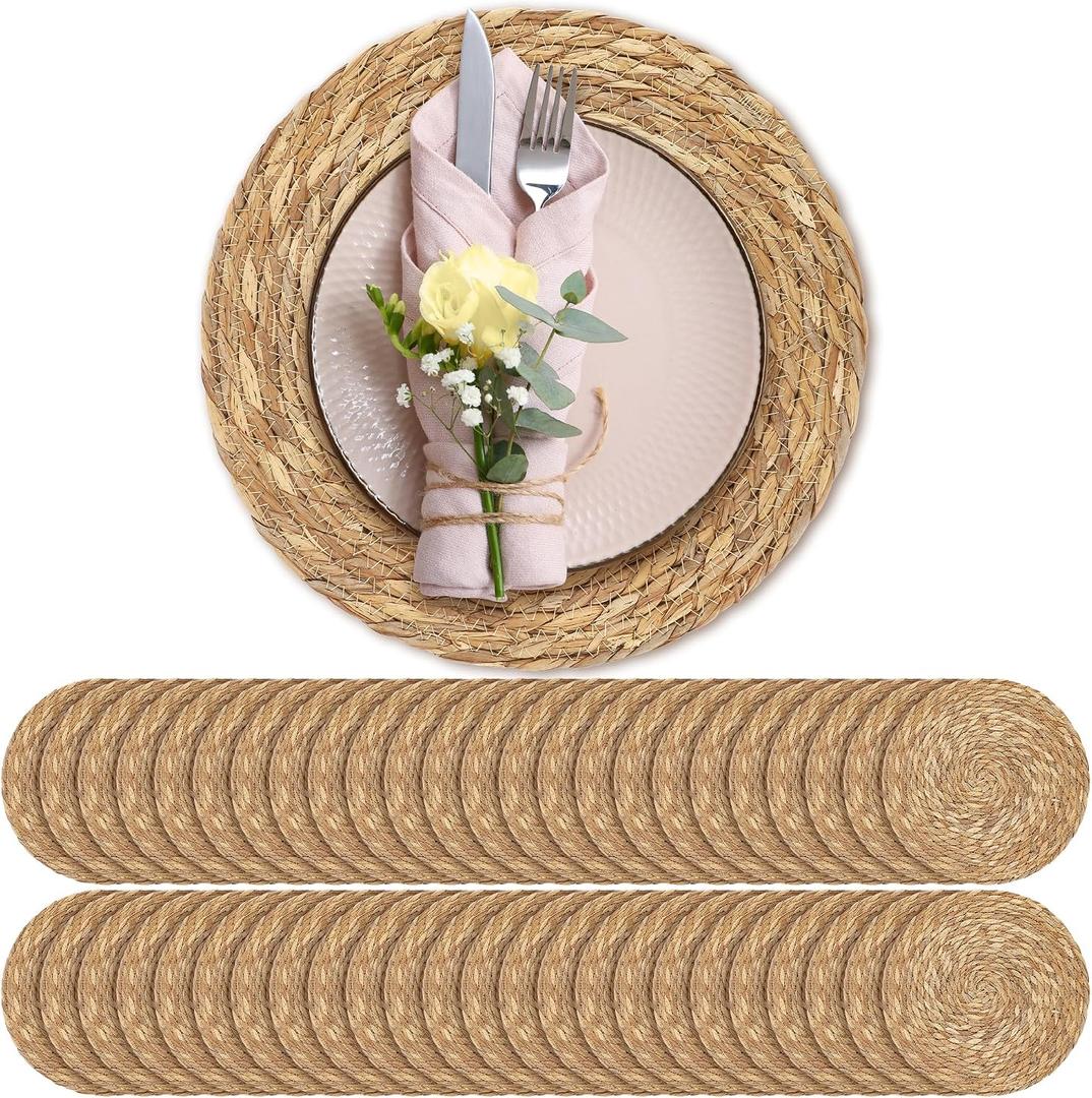 Aneco 48 Pack 13.8-Inch Round Woven Placemats Natural Hand-Woven Boho Rattan Wicker Bulrush Placemat Farmhouse Rustic Braided Table Mats for Dining & Kitchen Decor