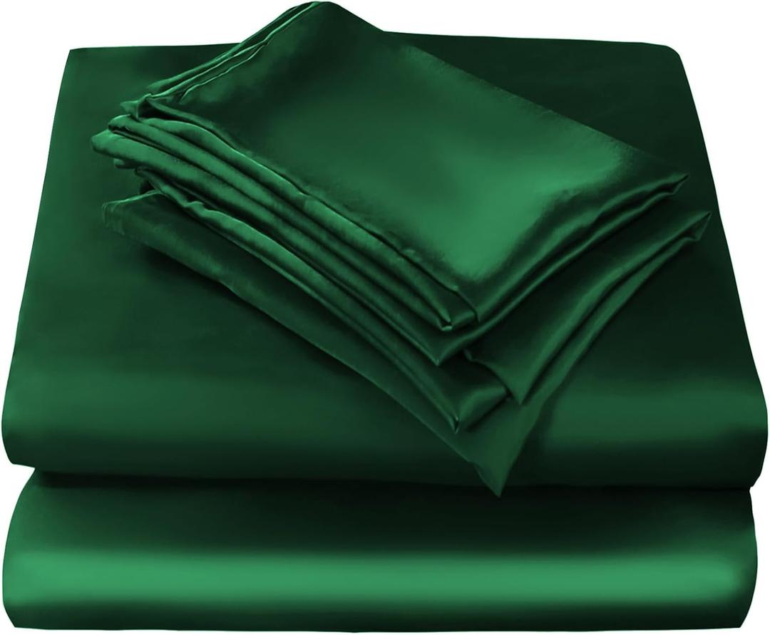JSD Emerald Green Satin Sheet Set Full Size, 4 Piece Silky Bed Sheets Extra Deep Pocket, Good for Hair and Skin