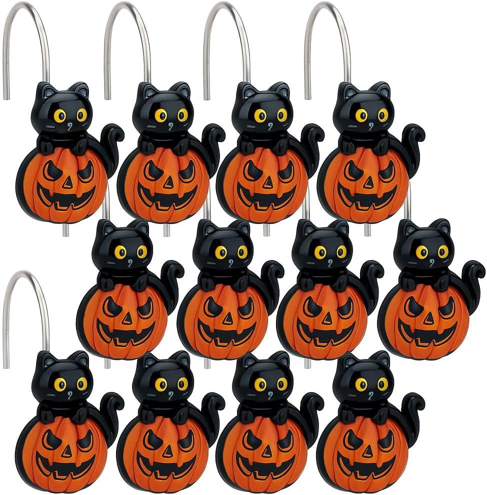 Halloween Shower Curtain Hooks Set of 12  Black Cat on Pumpkin Design  Durable Resin Bathroom Decor Hooks for Halloween Party, Kids & Holiday Theme
