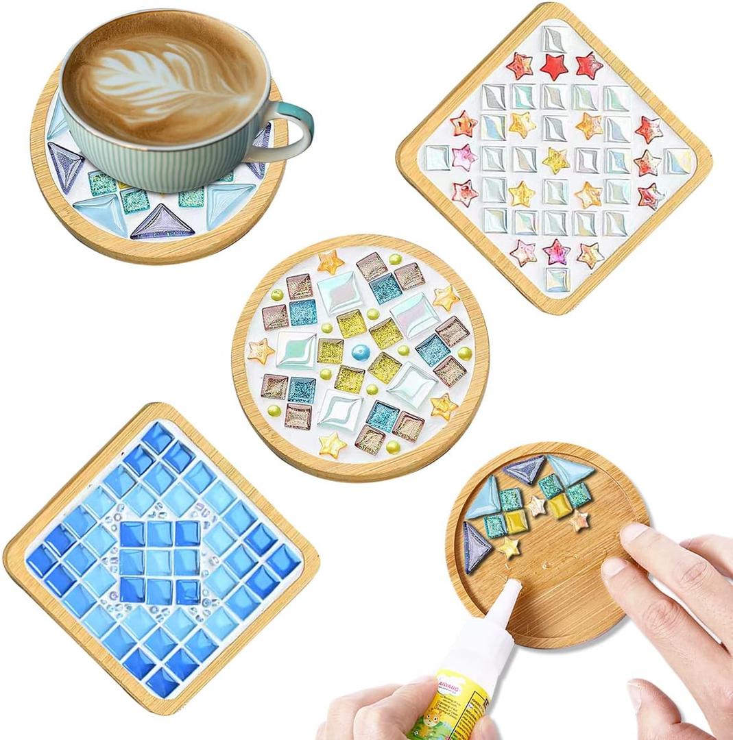 WATHFKCU 4 Sets DIY Glass Mosaic Tiles for Crafts,Mixed Color Mosaic Kits with Wooden Coaster for Adults,Mosaic Crafts Materials Package for Coaster Handmade Home Decor Gifts