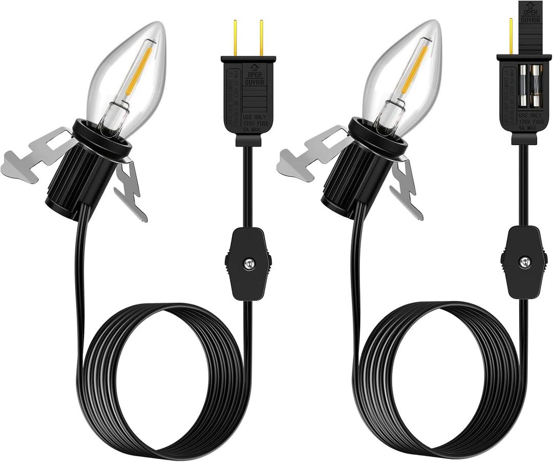 Enhon Accessory Cord with 1 LED Light Bulb, 6ft Blow Mold Light Cord with C7 Bulbs, Black Cord with On/Off Plug, Christmas Village Light for Holiday Indoor House Decoration Craft Projects (2 Pack)