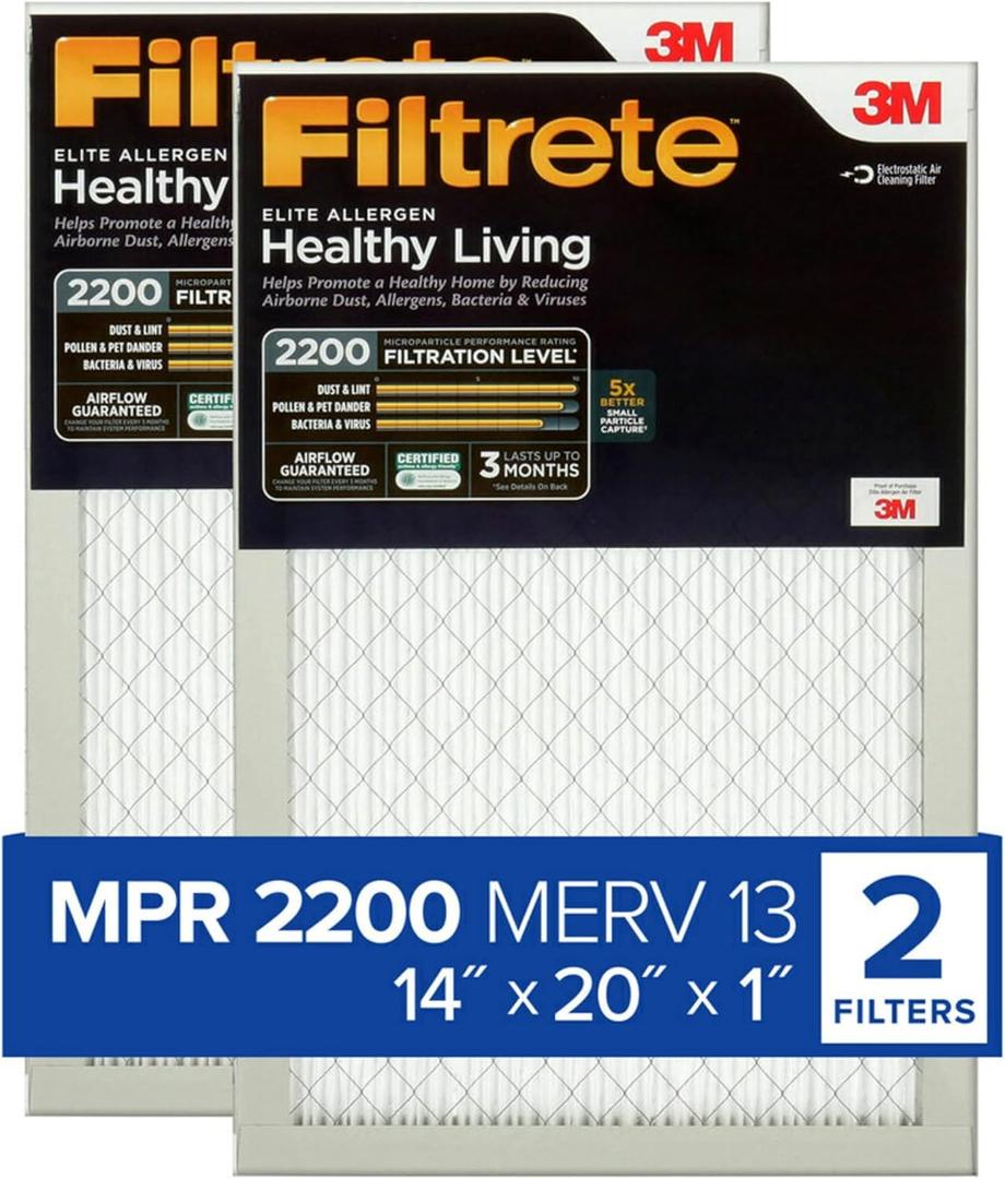 Filtrete 14x20x1 AC Furnace Air Filter, MERV 13, MPR 2200, Elite Allergen, Bacteria & Virus Filter, 3-Month Pleated 1-Inch Electrostatic Air Cleaning Filter, 2-Pack (Actual Size 13.81x19.81x0.78 in)