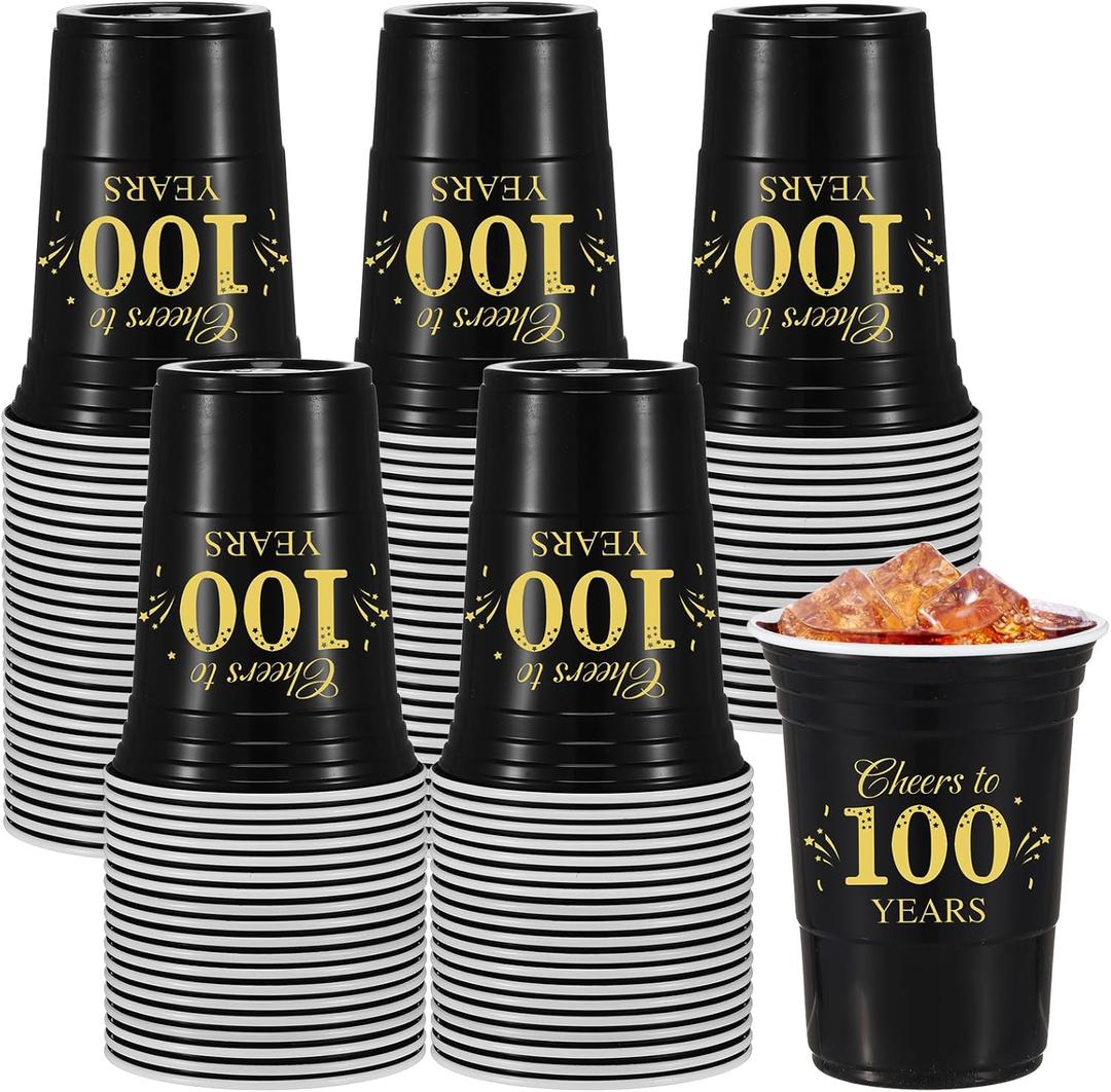 Ziliny 50 Pack 100th Birthday Decorations Birthday Cups 16 oz Disposable Plastic Gold and Black Cheers to 100 Years Cups for Men Women Hot Cold Drinks for Wedding Anniversary Supplies