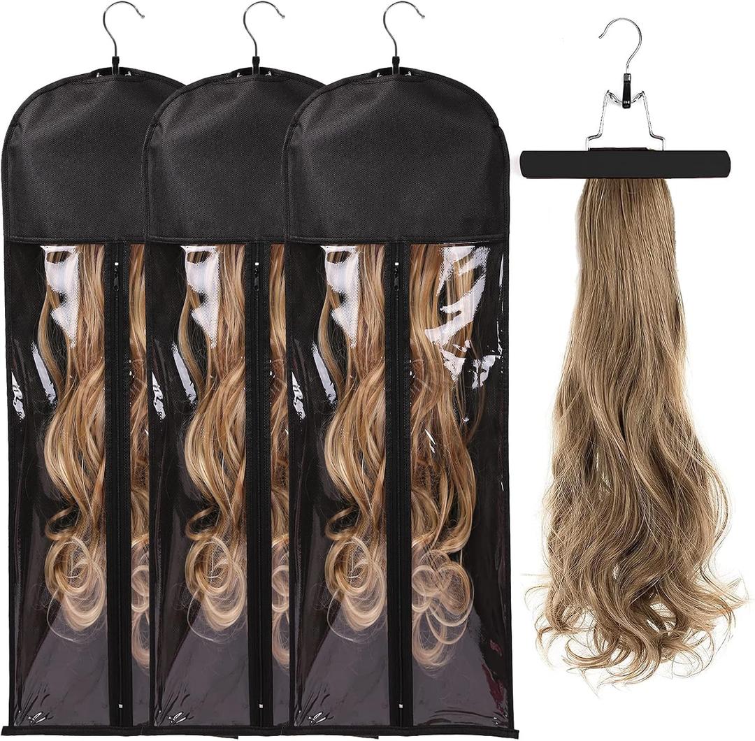 3PCS Extra Long Hair Extension Storage Bag Hairpieces Storage Holder with Wooden Hanger Dust-proof Portable Suit with Transparent Zip Up Closure- Light weight, Waterproof and Portable (Black)