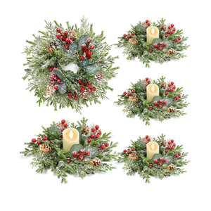 4Pcs Flocked Christmas Candle Rings Mini Christmas Wreaths, 10"x3.5" Perfect PE Small Christmas Wreath Snowy Pinecone&Red Berry Cedar Eucalyptus Cypress Wreath Candle Holders Table Centerpiece Decor