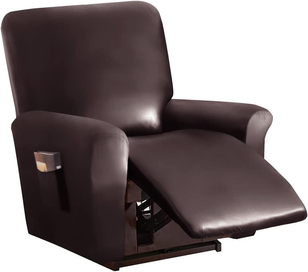 vctops 4 Pieces Waterproof Faux PU Leather Recliner Slipcovers Stretch Soft Sofa Couch Cover Anti-Slip Furniture Protector with Elastic Bottom for Kids Cats Dogs(Dark Coffee,1 Seat)