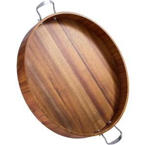 Large Round Tray 20" Round Wooden Tray Ottoman Tray with Handles Elegance and Easy to Pick Up, Tray for Ottoman Wood Serving Tray Decorative Trays for Daily Use and Party with Friends and Family