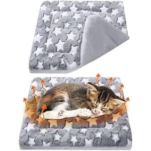 VitalCozy 2 Pack Self-Warming Cat Mat Self-Heating Pad Bed Reversible Machine Washable Reflects Body Heat Warm Thermal Pet Pad Crate Blanket for Feral and Indoor Cat (Grey, 12'' X 12'', Star)